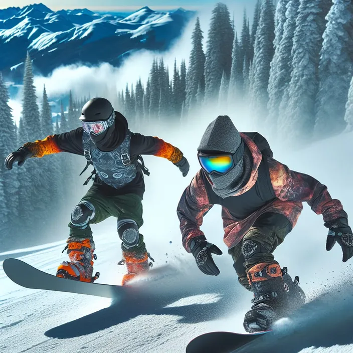 two snowboarders are going down a snowy mountain