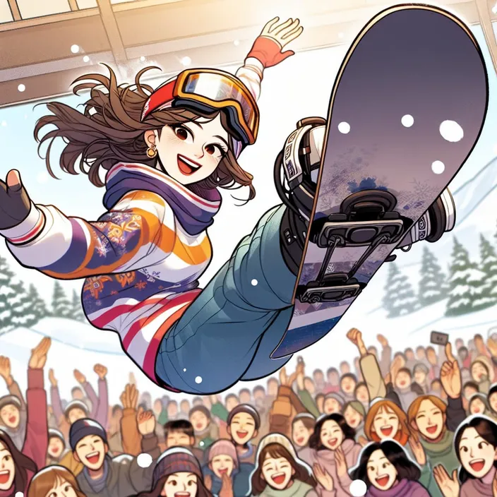 a cartoon of a snowboarder doing a trick in front of a crowd