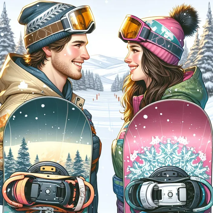 a man and a woman standing next to each other holding snowboards They had given everything they had, and they still couldn't beat each other. They looked at each other, and for the first time, they smiled.