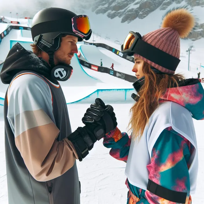 a man standing next to a woman on top of a snow covered slope