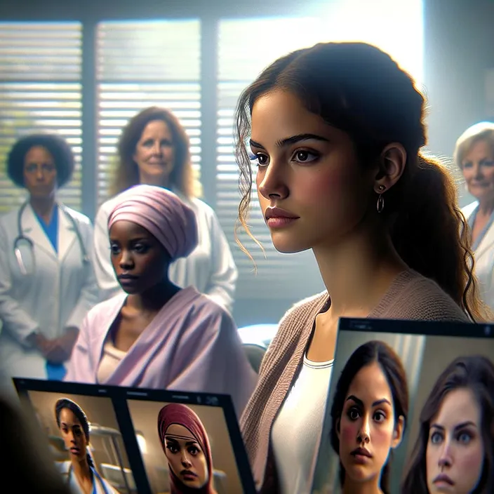 a group of women standing in front of a computer screen