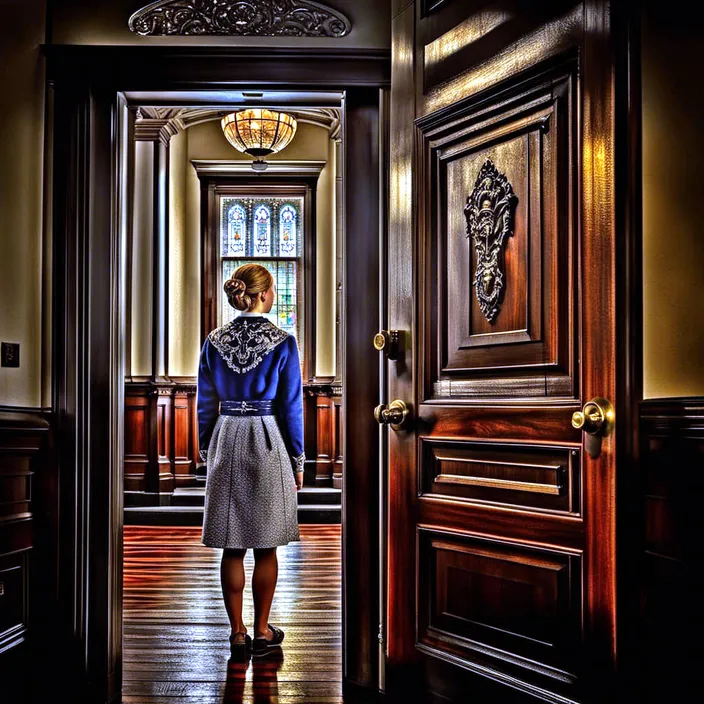 a woman standing in a doorway of a building