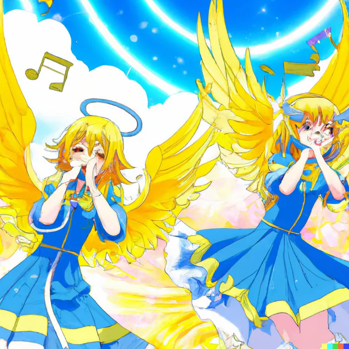 two anime girls with angel wings and music notes