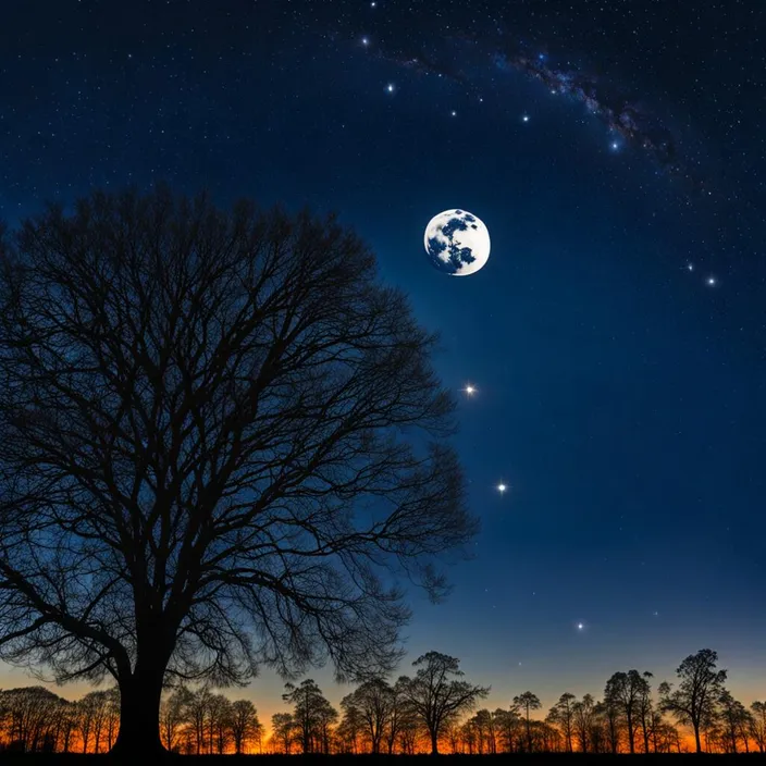 a tree with a moon and stars in the sky