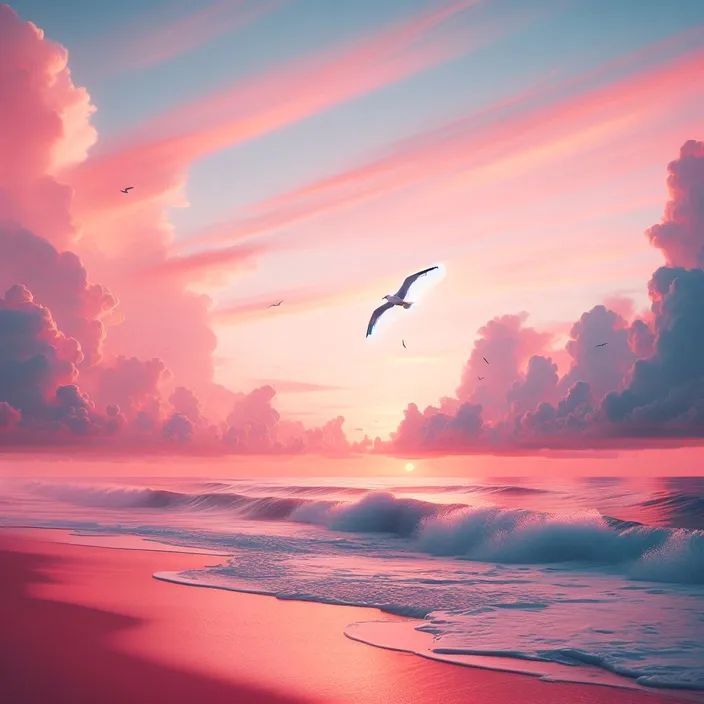 a bird flying over the ocean at sunset