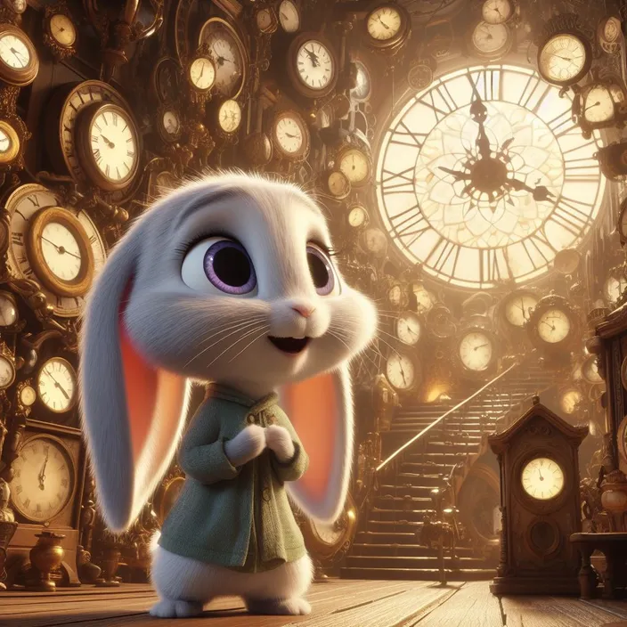 a rabbit standing in front of a bunch of clocks