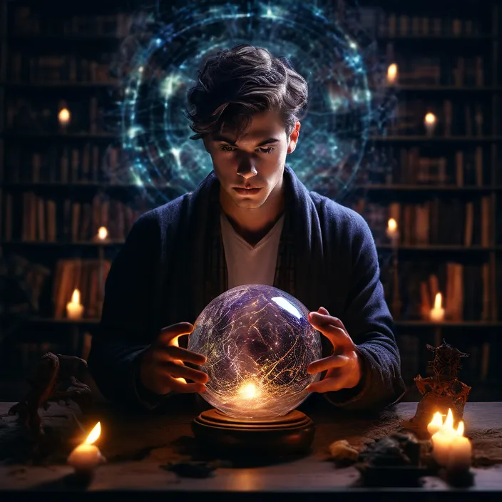 a man holding a crystal ball in his hands