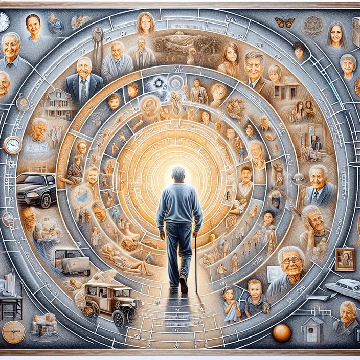 a painting of a man standing in front of a maze of people