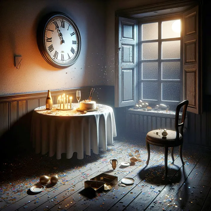 a room with a table and a clock on the wall