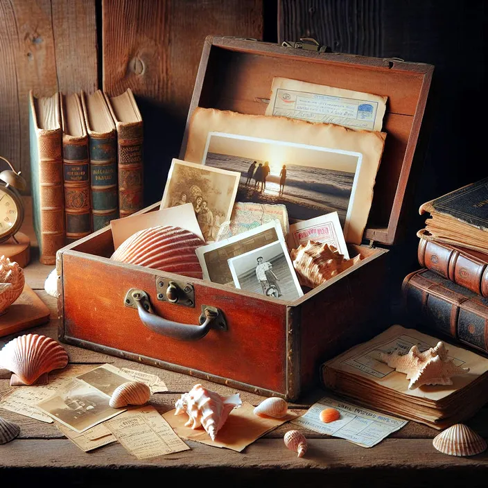 an old suitcase is filled with books and seashells