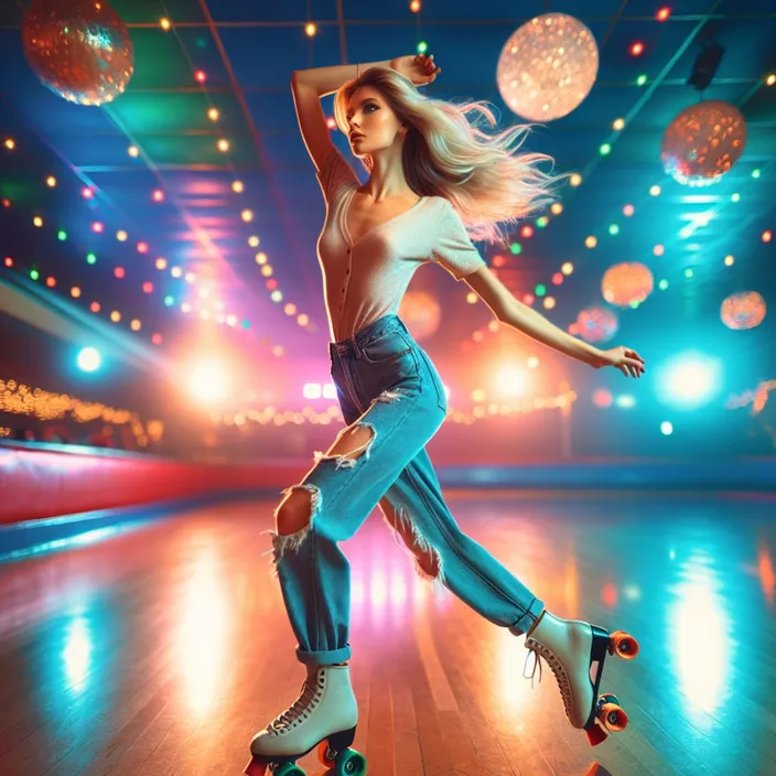 a woman rollerblading in a brightly lit room