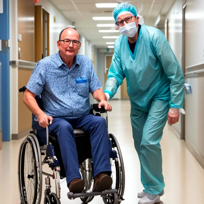 a man in a blue scrub suit pushing a man in a wheel chair