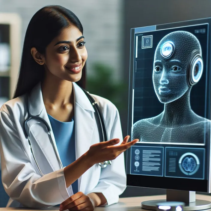 a woman in a white coat is looking at a computer screen