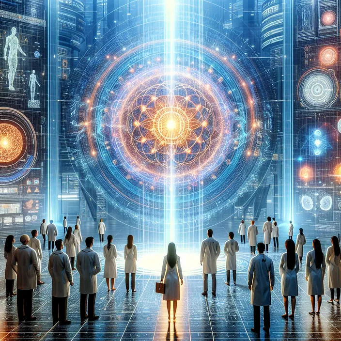 a group of people standing in front of a futuristic portal