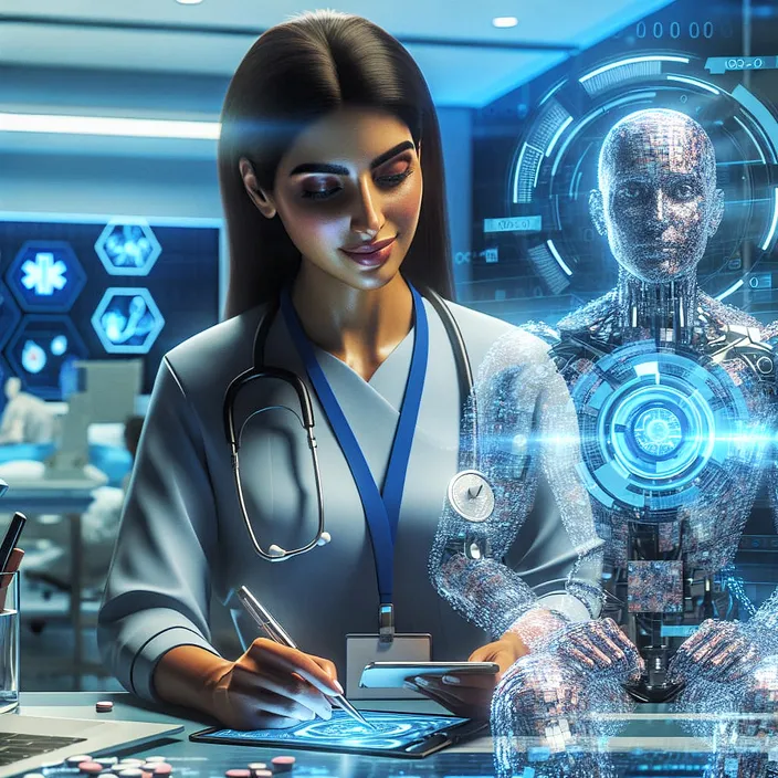 a woman with a stethoscope looking at a robot