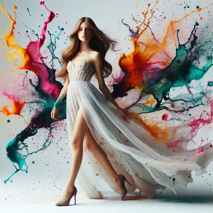 a woman in a white dress with colorful paint splatters