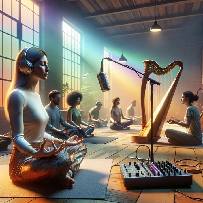 a group of people sitting in a room with musical instruments