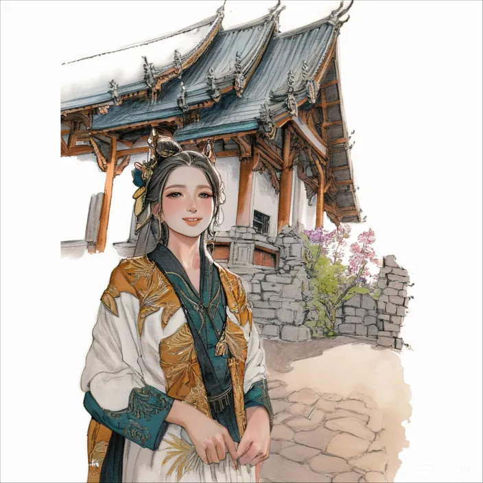a drawing of a woman standing in front of a building