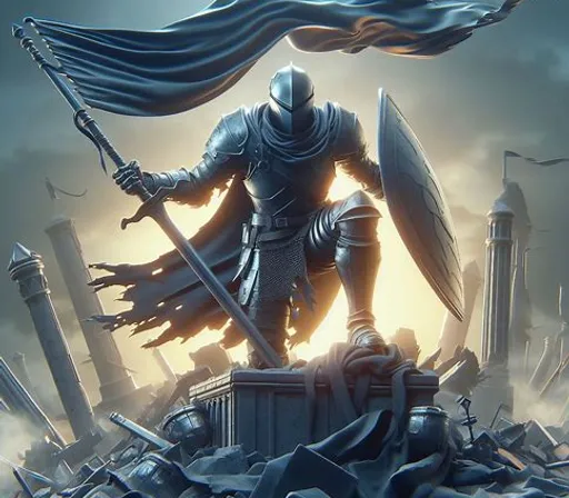 a knight standing on top of a pile of rubble