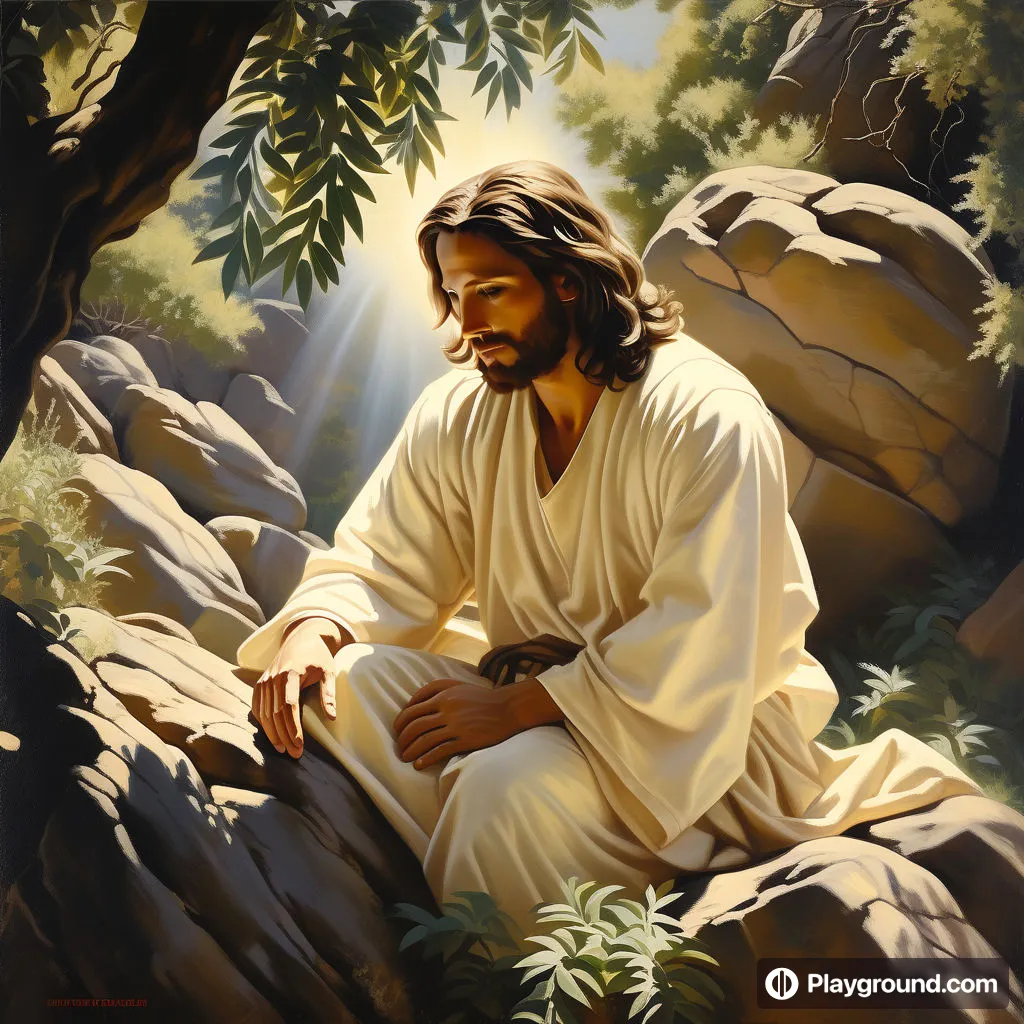 a painting of jesus sitting on a rock