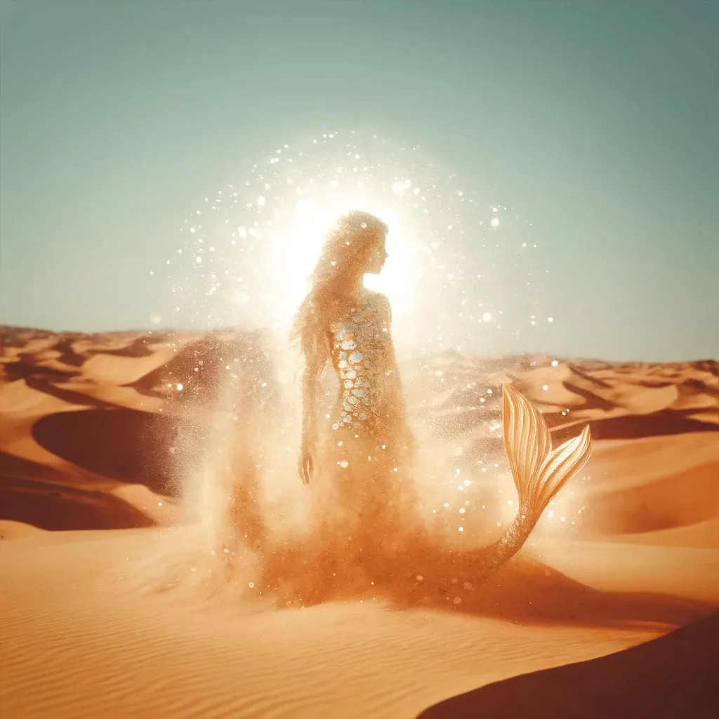 a woman standing in the sand with a mermaid tail