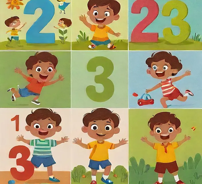 a series of pictures of a boy with numbers