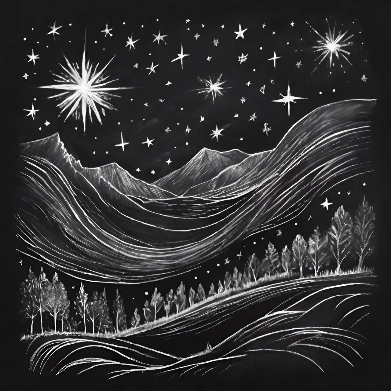 a black and white drawing of a night sky with stars