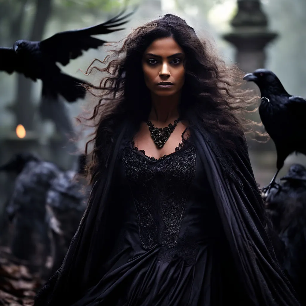 a woman in a black dress and a black bird on her shoulder