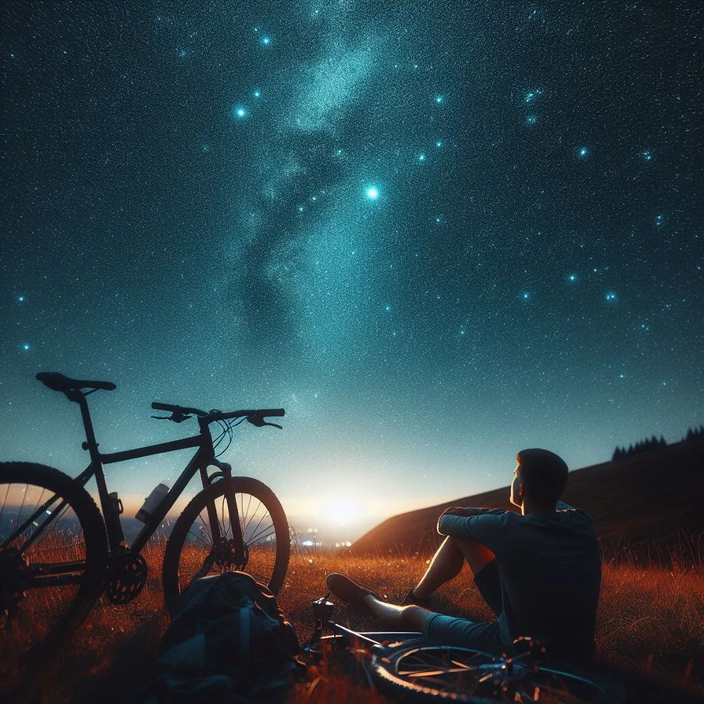 The cyclist sits on the grass, bike propped up beside him, as he looks up at the stars, ending with a fade into the night sky.