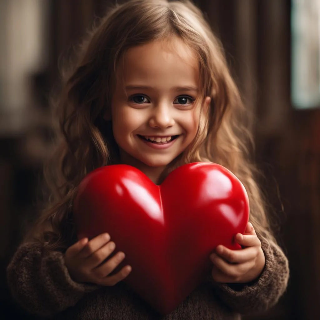 a little girl holding a big red heart