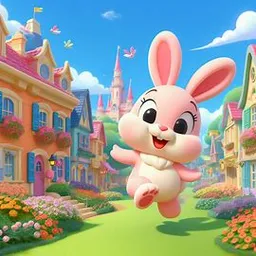 a cartoon bunny is running through a town