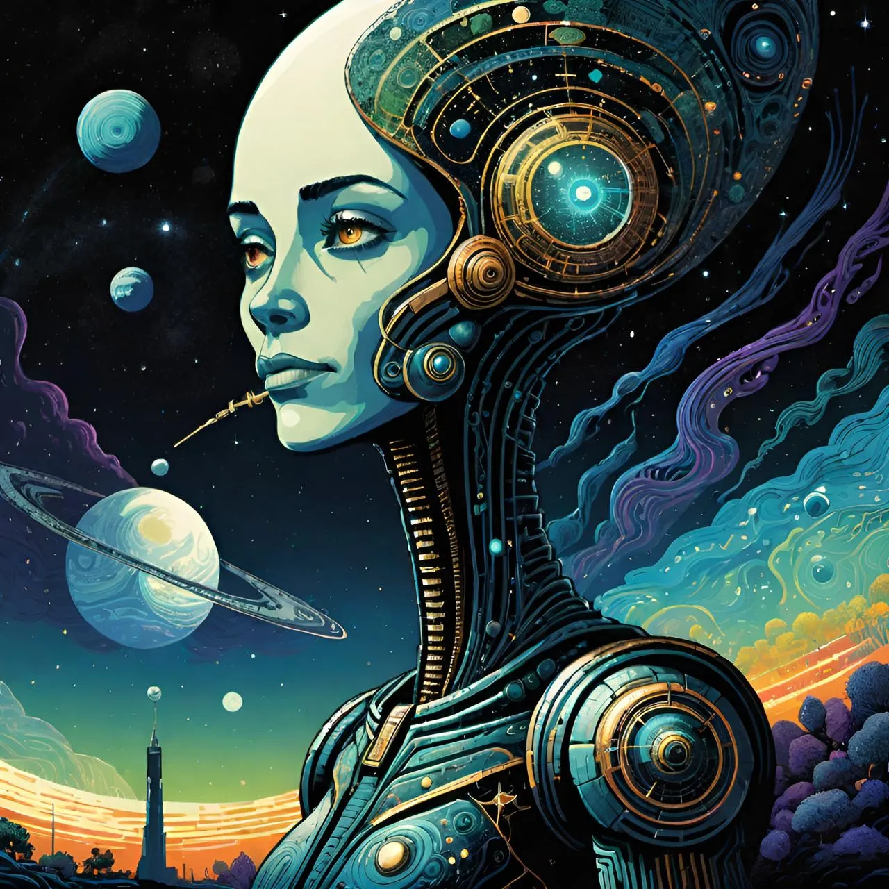 a painting of a woman with a futuristic head