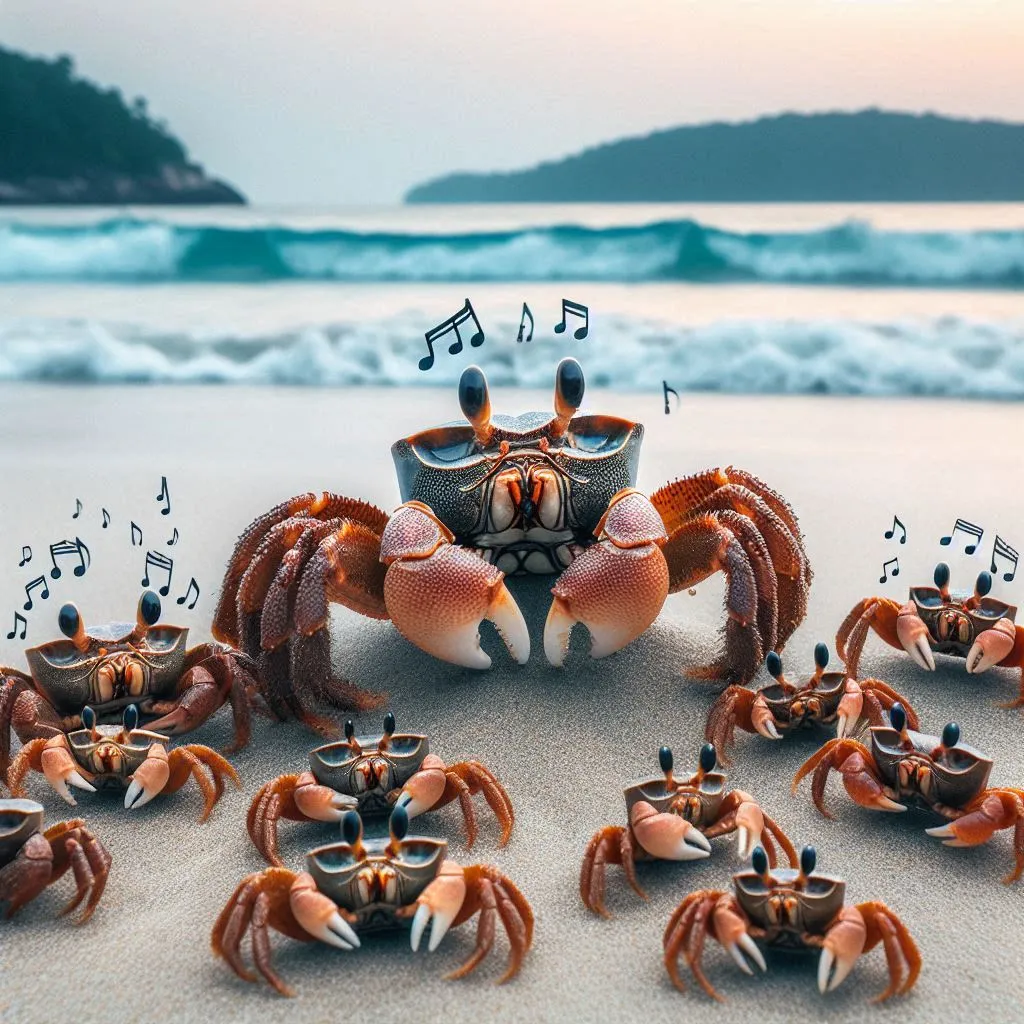 a group of crabs on a beach with music notes