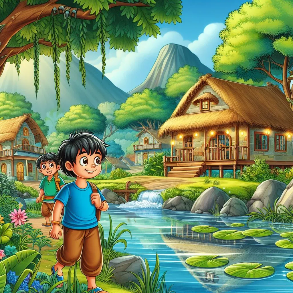 a boy and a girl standing in front of a river