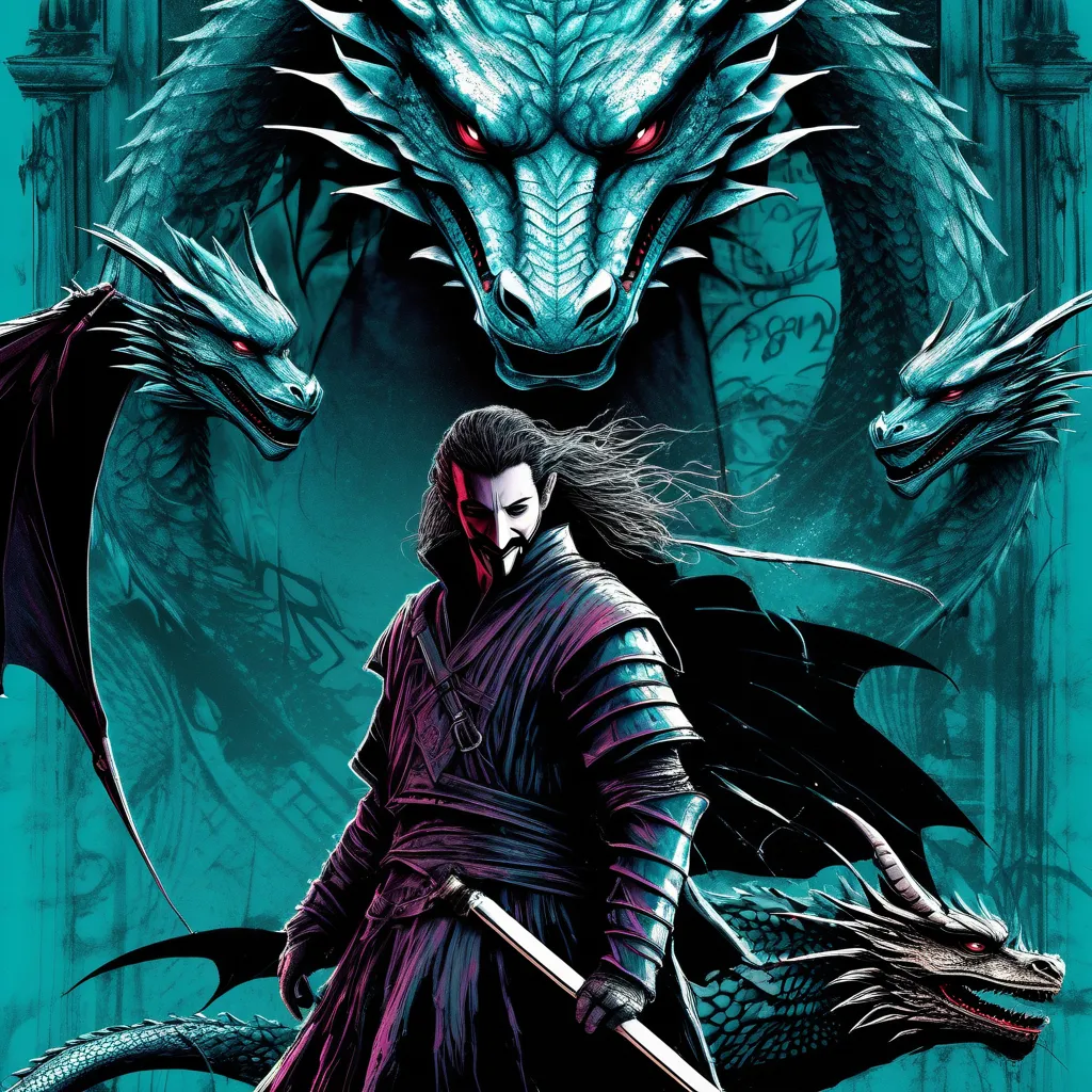 a man with a sword standing next to a dragon