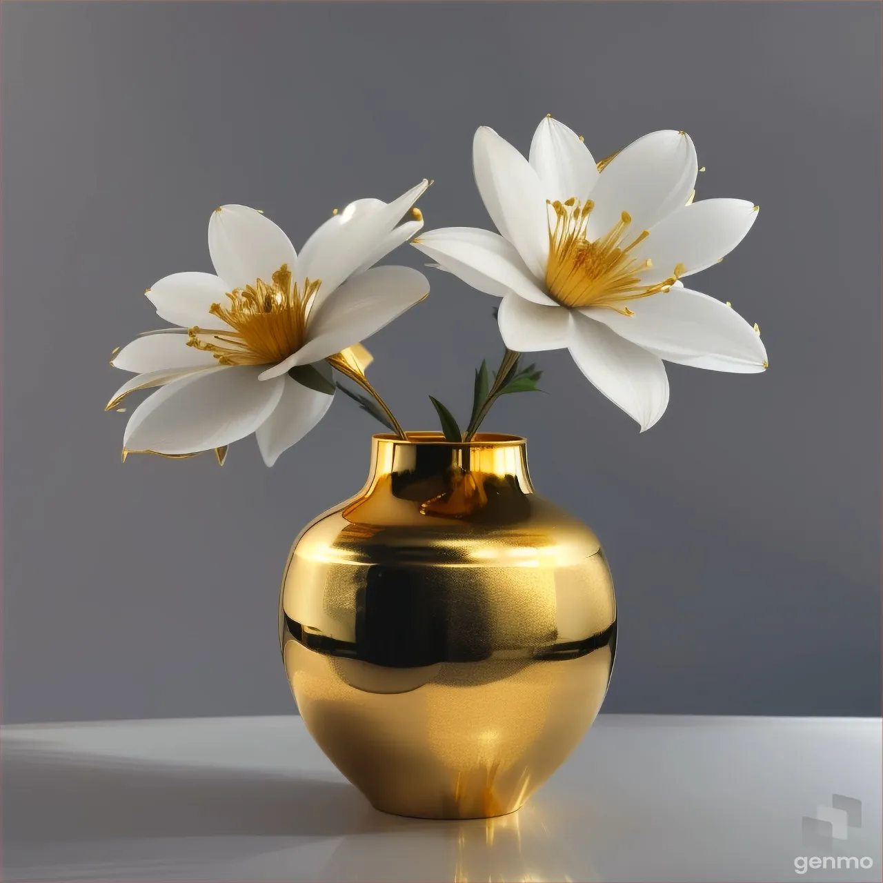 minimalist pot-bellied vase with a narrow neck, tall gold metallic vase. on gray background. A single white flower in it.