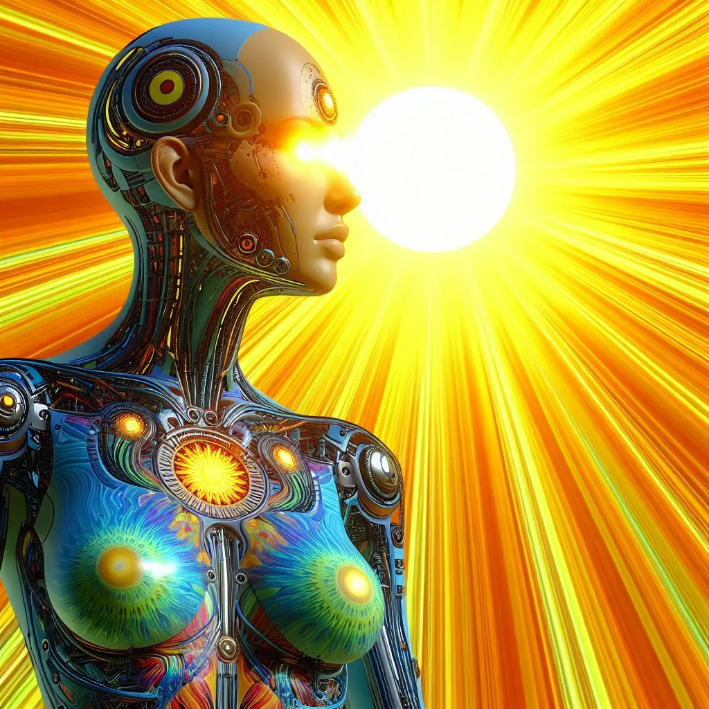 a futuristic woman with a sun in the background