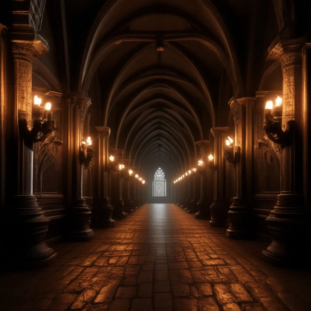 a dimly lit hallway with columns and lights