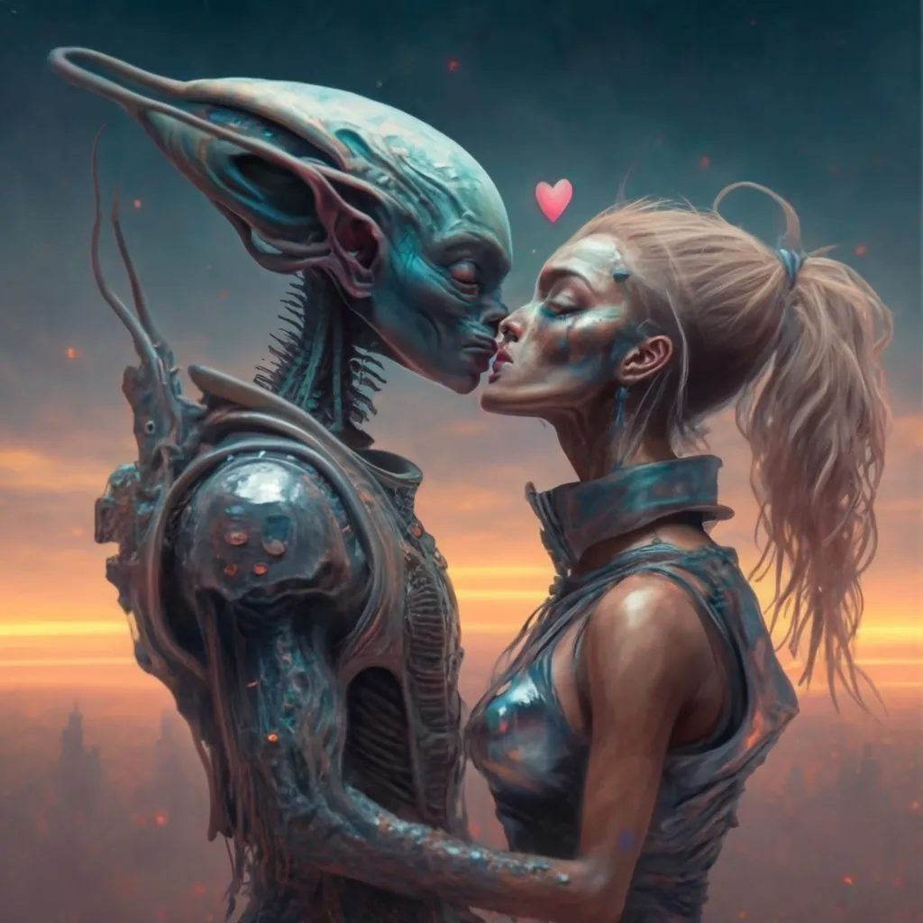 a couple of aliens kissing each other in front of a sunset