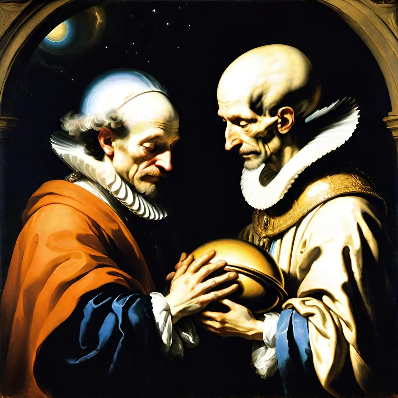 a painting of two men holding a ball