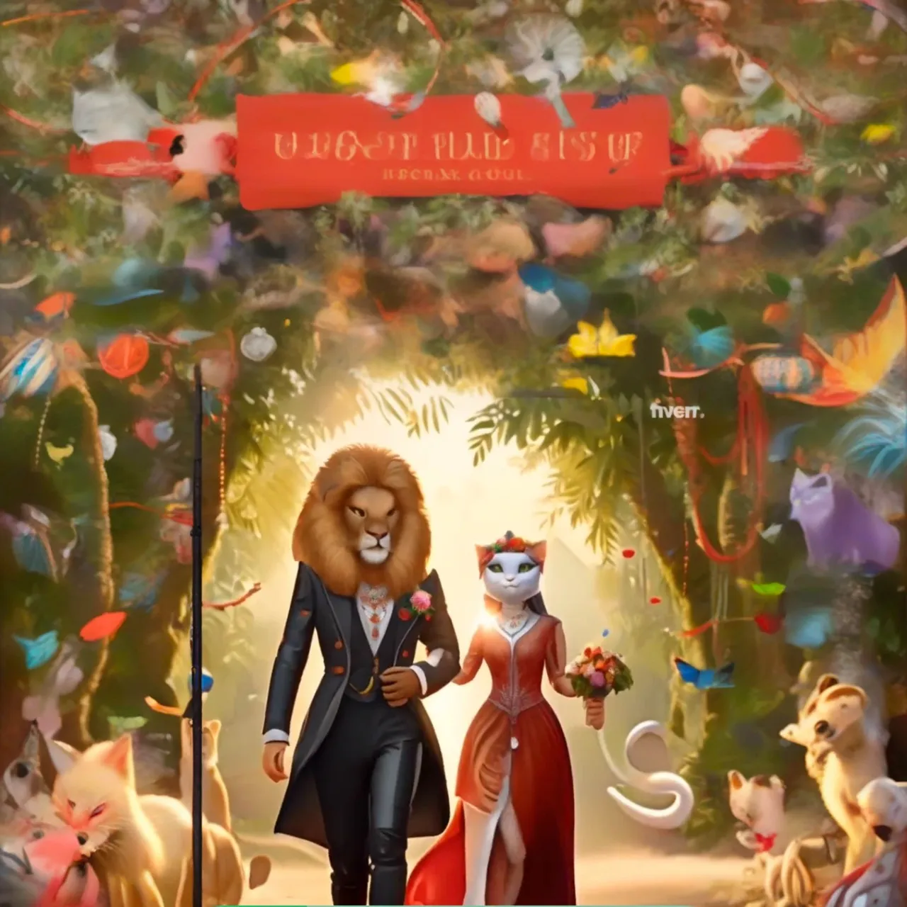 a lion and a woman are walking through a forest