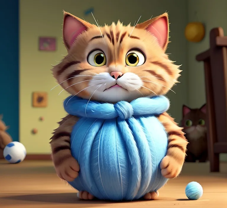 a cat with a blue scarf around its neck A ball of yarn, a fuzzy friend, he'd swat and bat until the very end.