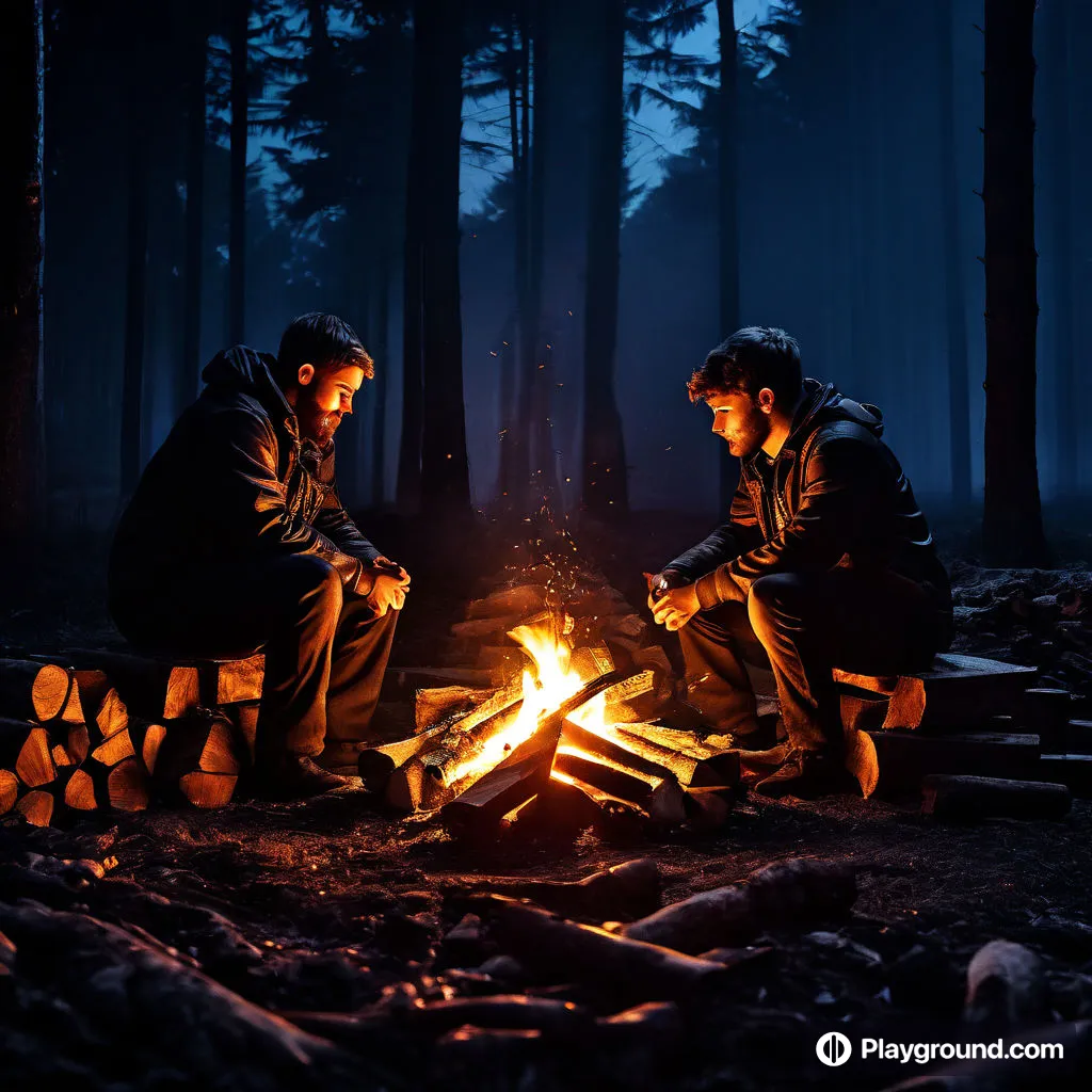 two men sitting around a campfire in the woods