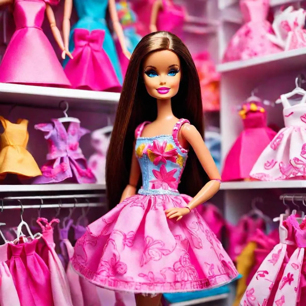 A close up of a Barbie doll in a dreamy, pastel-colored aisle of a toy store