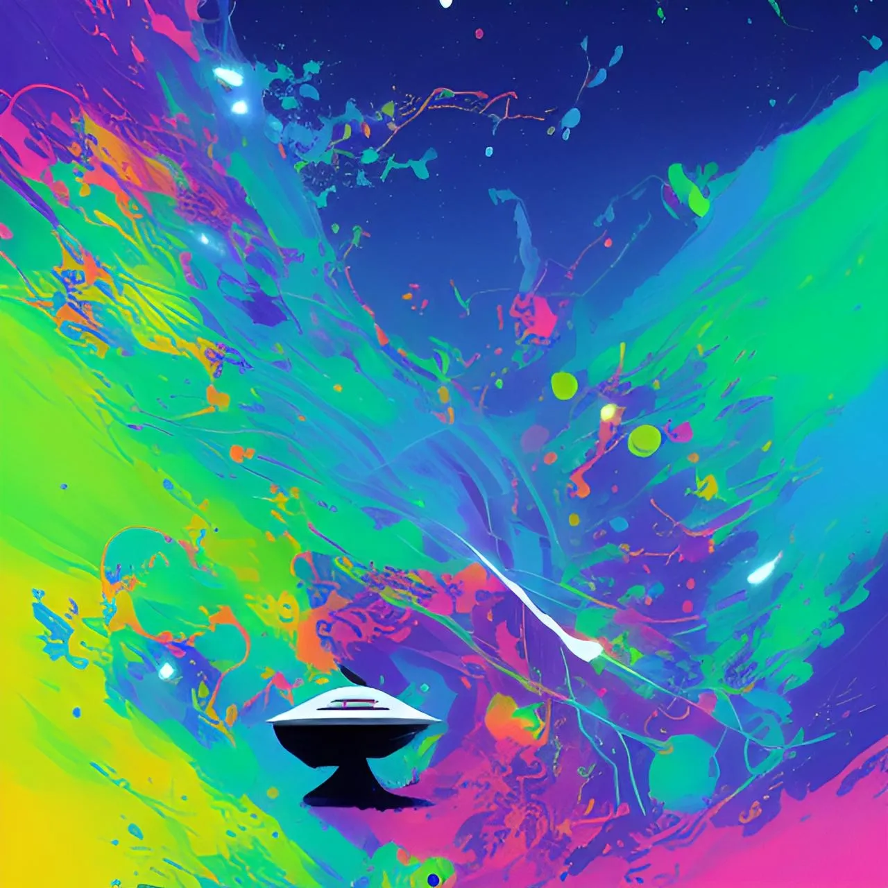 a painting of a spaceship flying through a colorful sky