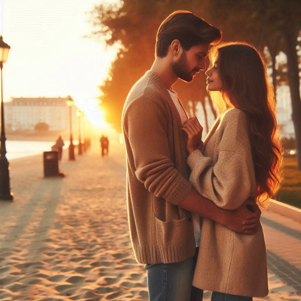 a man and woman standing next to each other on a beach