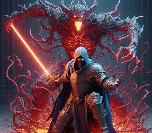 a star wars character standing in front of a giant demon