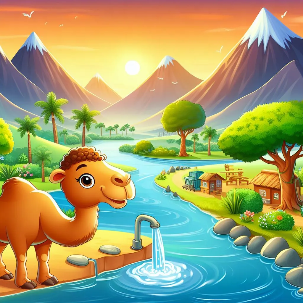 a camel is drinking water from a fountain