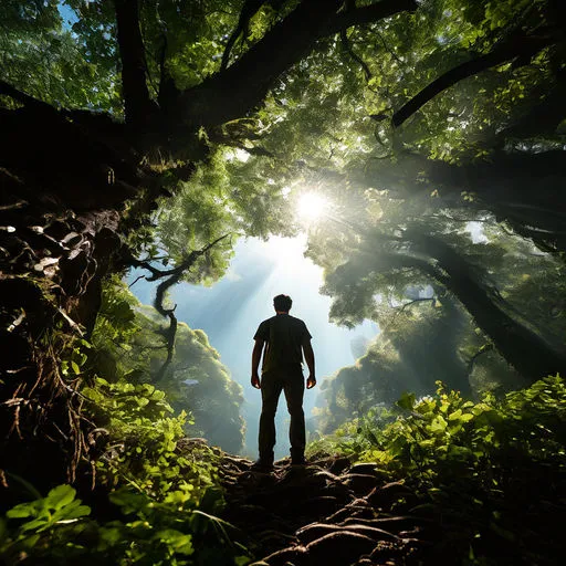 a man standing in the middle of a forest