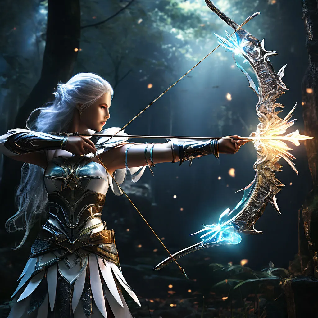 a woman holding a bow and arrow in a forest